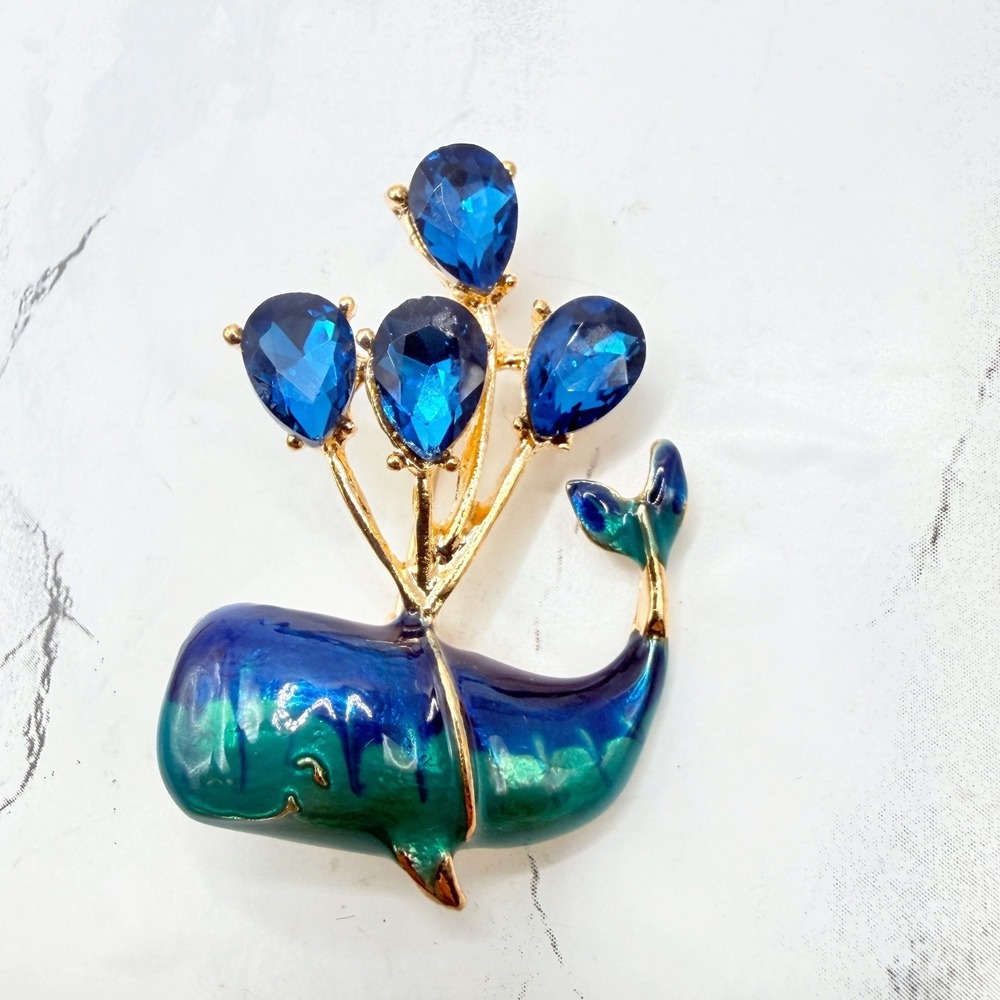 Blue Glass Whale Brooch Gold Tone Crystal Water Spout Ocean Animal Pin - Picture 2 of 3